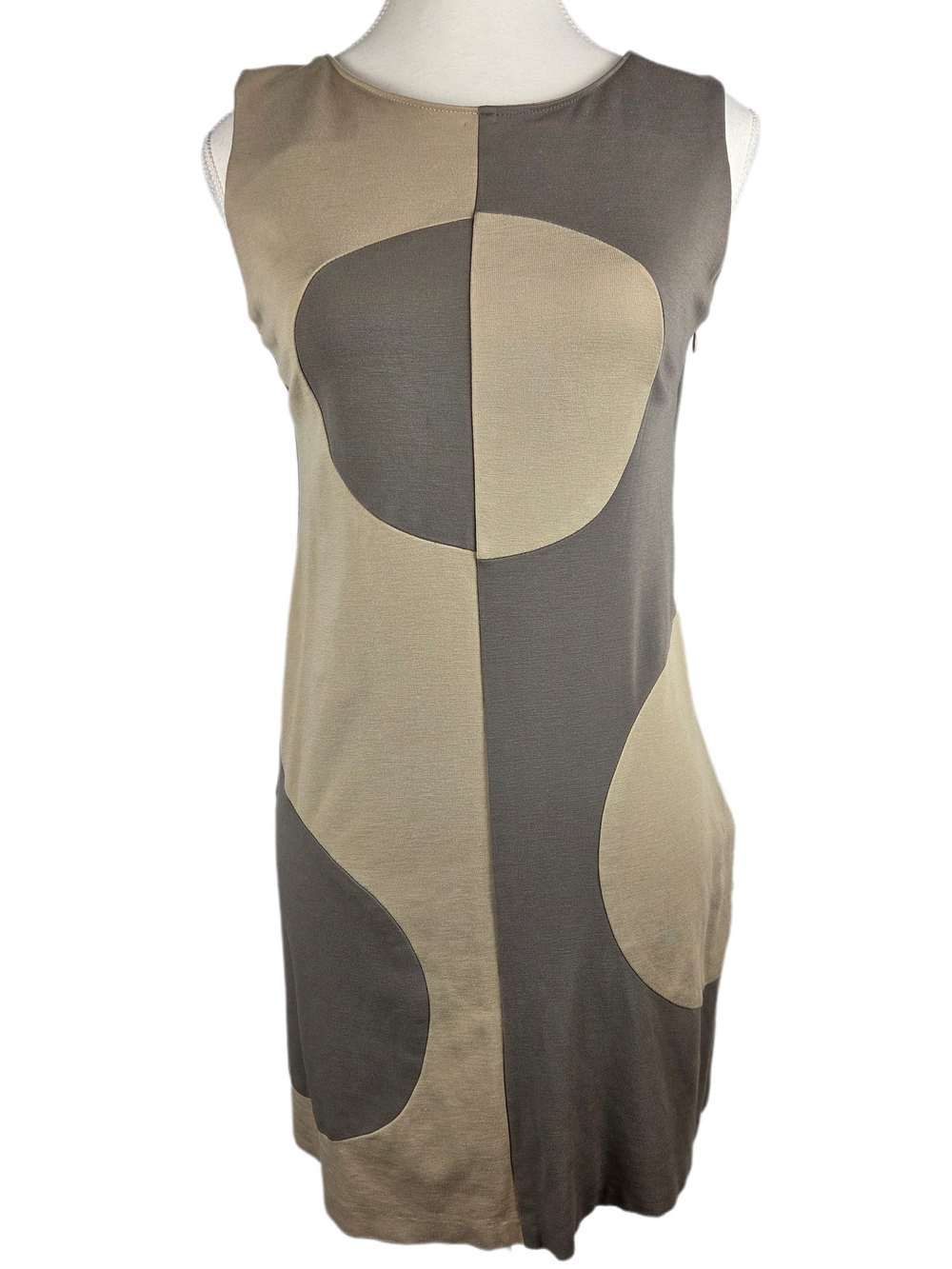 Y2K Vintage Abstract Colorblock Shift Dress Grey Beige Mod Op-Art Mini